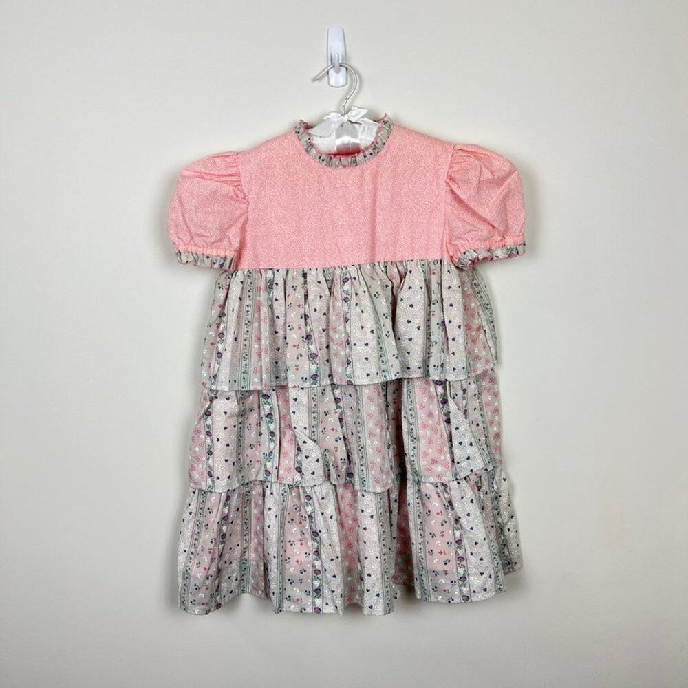 Vintage Girls Pink Gray Floral Tiered Dress
